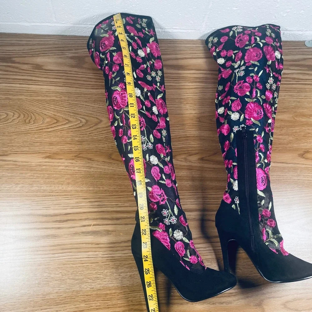 Women's Embroidered Over The Knee Boots Black Pink Floral Stiletto Heel Size 6‎